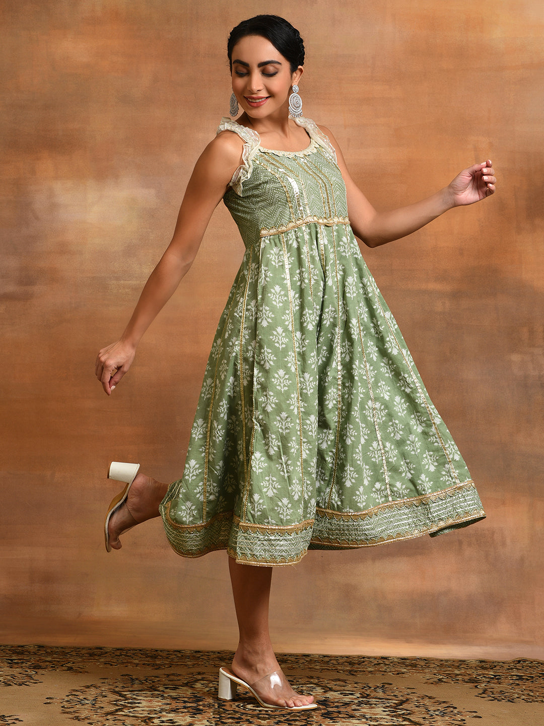 Pastel Green Floral Print Midi Dress With Lace Work - Elganza