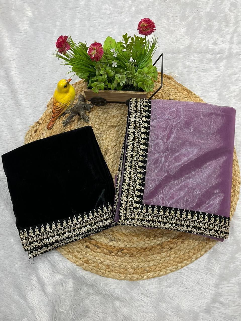 Designer Bollywood Style Soft Twill Net Saree with Sequins & Zari Dori Embroidery and Velvet Lace Border with Unstitched Blouse