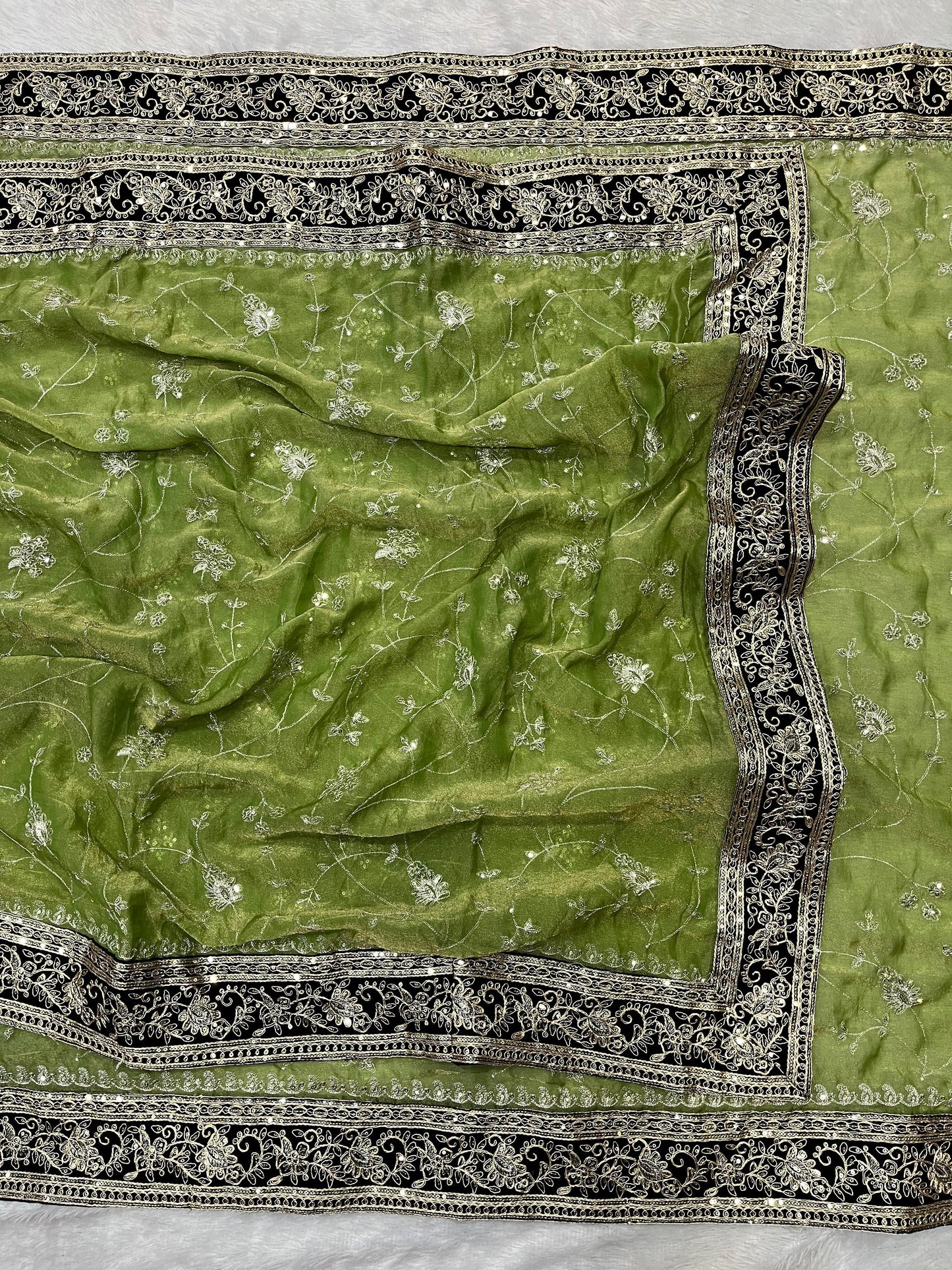 Most Popular Evergreen Soft Mocha Silk Saree with Silver Jari & Sequins Embroidery