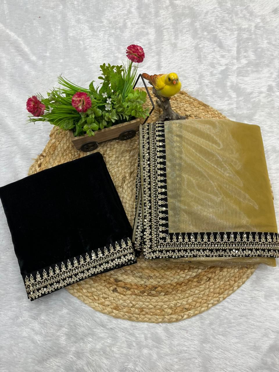 Designer Bollywood Style Soft Twill Net Saree with Sequins & Zari Dori Embroidery and Velvet Lace Border with Unstitched Blouse