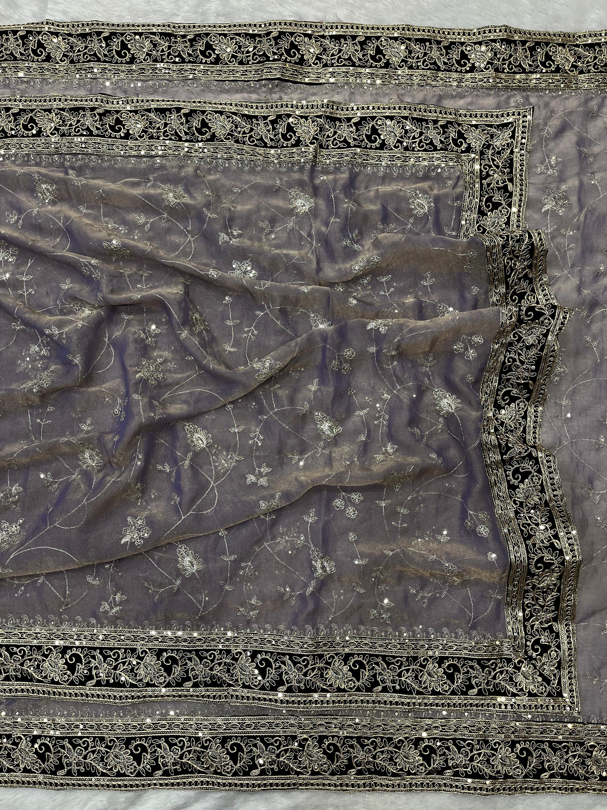 Most Popular Evergreen Soft Mocha Silk Saree with Silver Jari & Sequins Embroidery