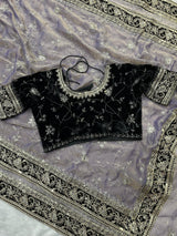 Most Popular Evergreen Soft Mocha Silk Saree with Silver Jari & Sequins Embroidery