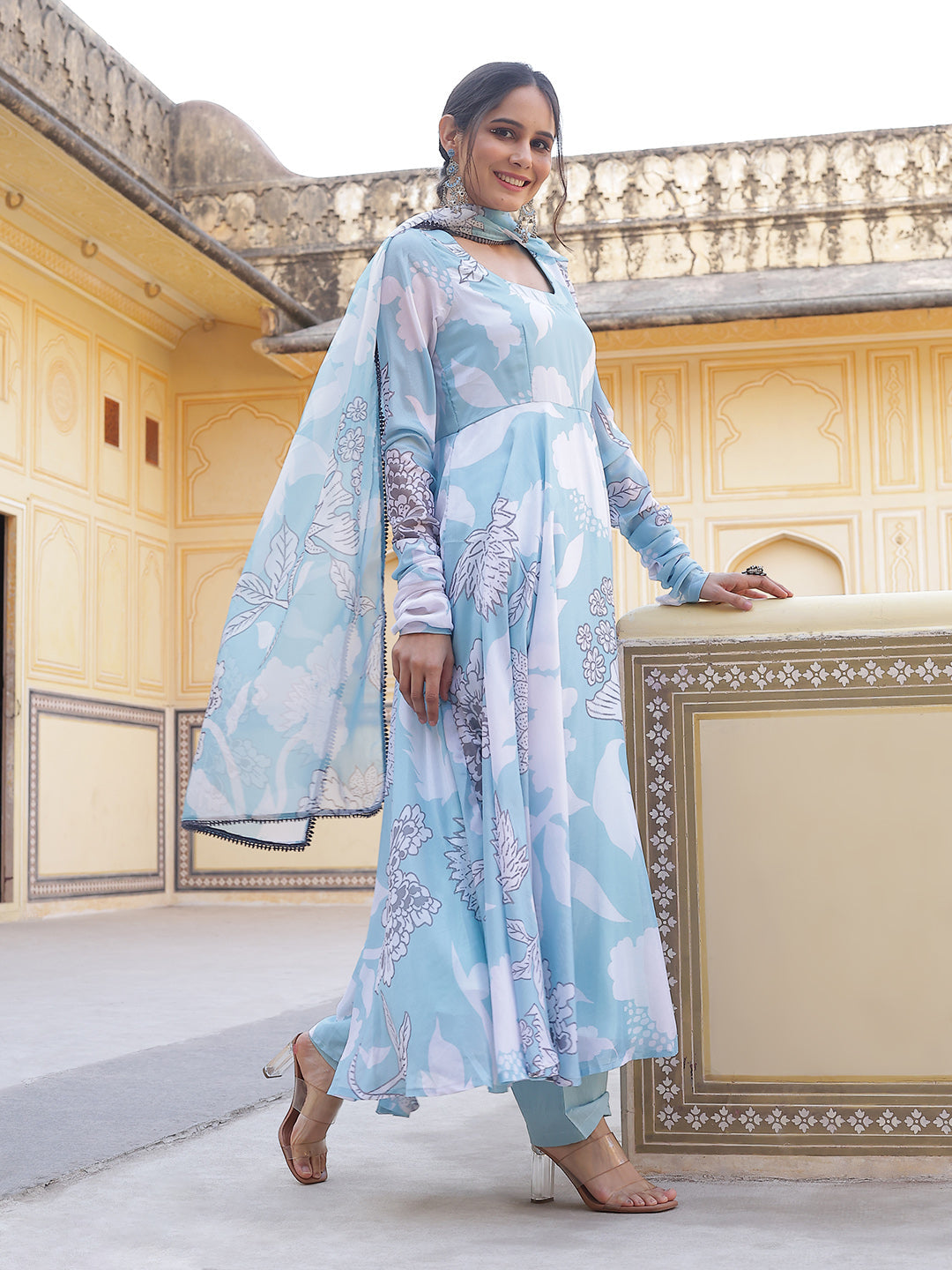 Blue & White Floral Print Anarkali Pant With Dupatta
