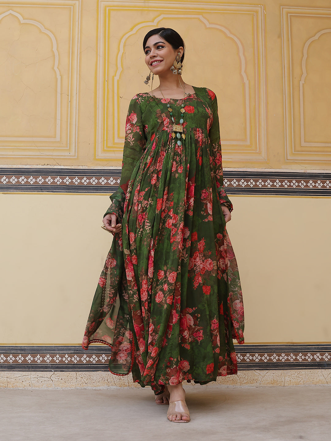 Green Floral Print Maxi Dress With Dupatta