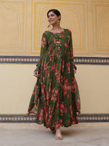 Green Floral Print Maxi Dress With Dupatta