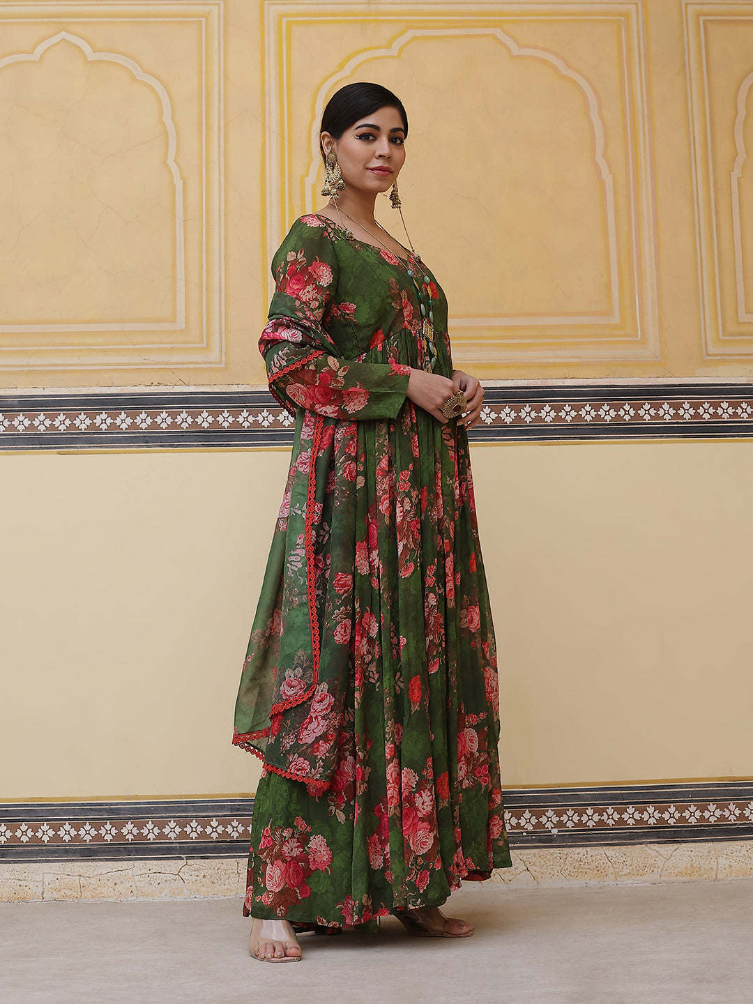 Green Floral Print Maxi Dress With Dupatta