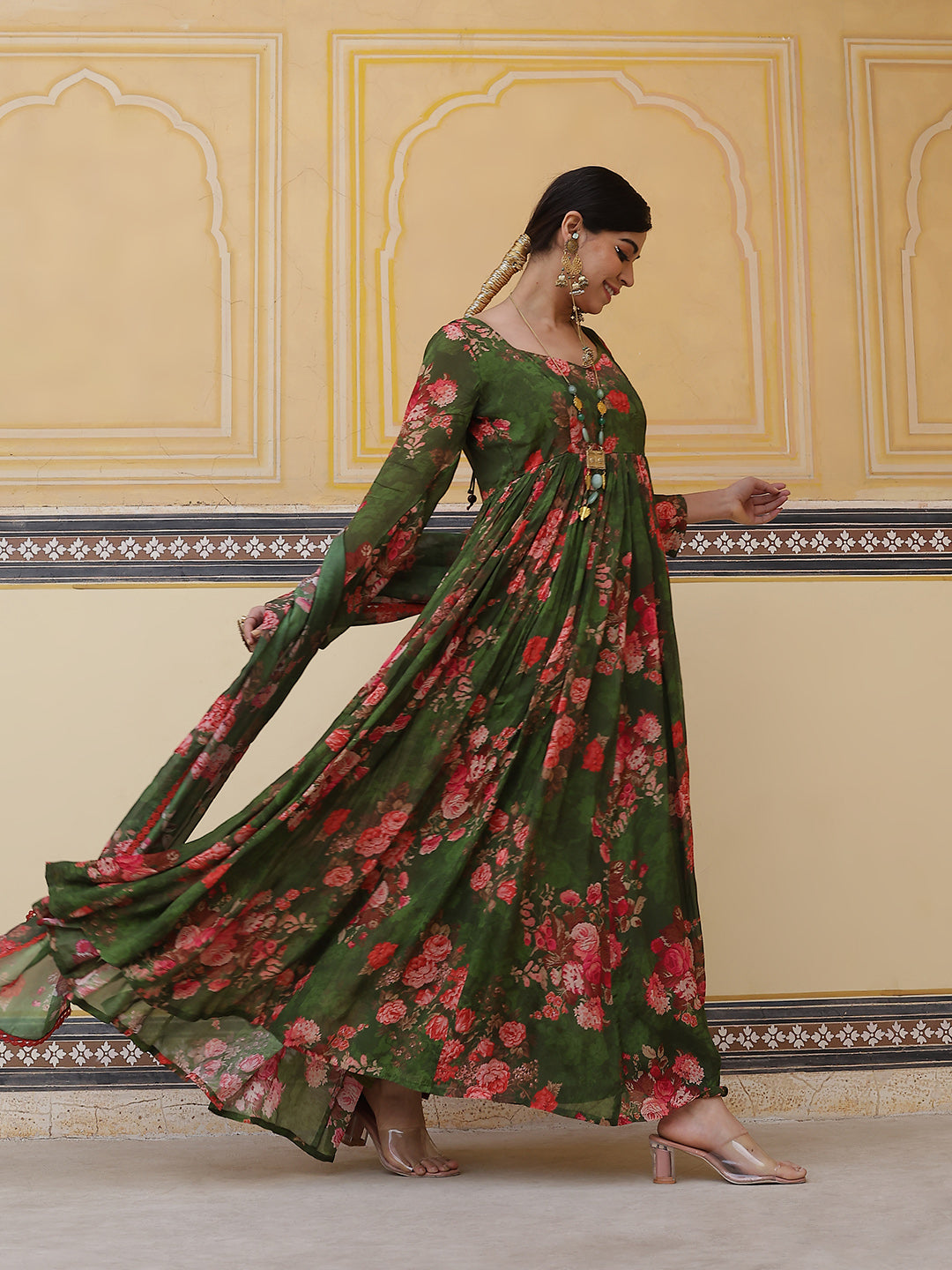 Green Floral Print Maxi Dress With Dupatta