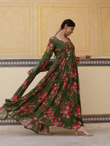 Green Floral Print Maxi Dress With Dupatta