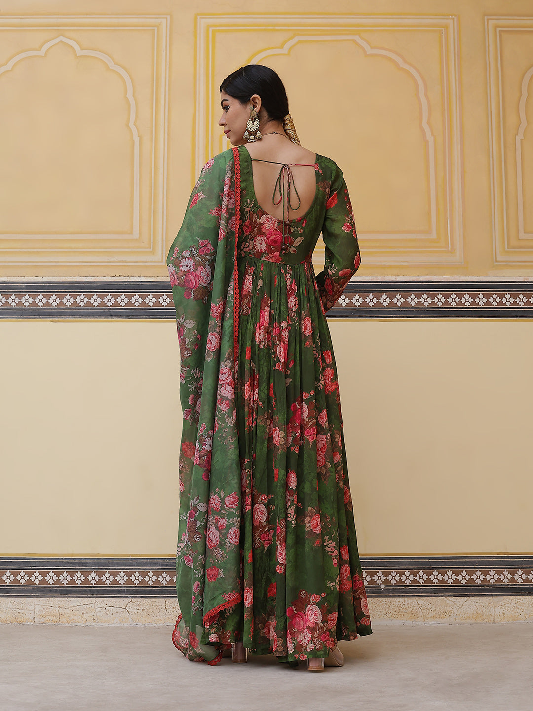 Green Floral Print Maxi Dress With Dupatta