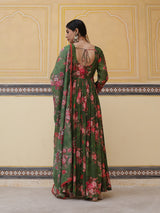 Green Floral Print Maxi Dress With Dupatta