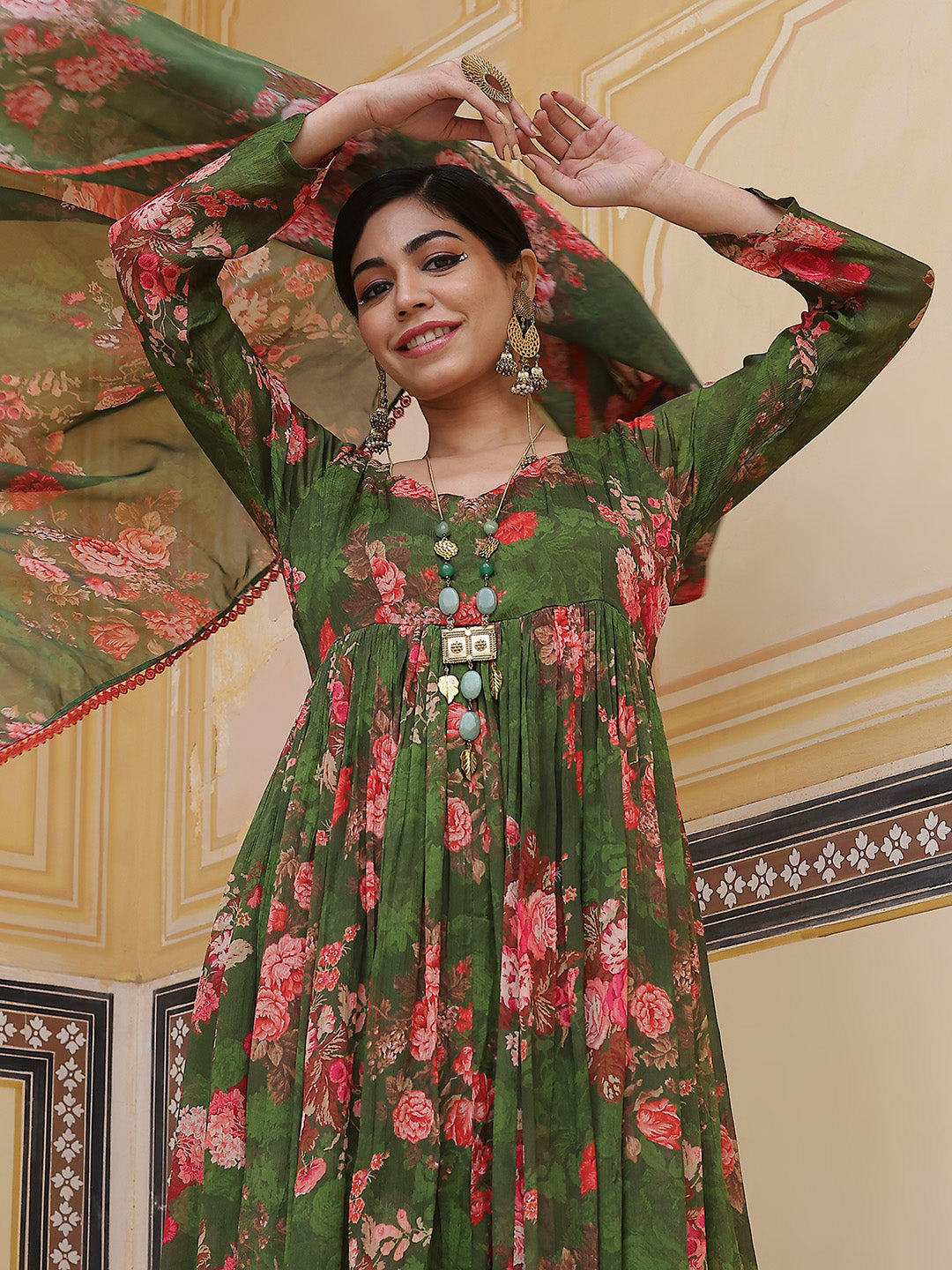 Green Floral Print Maxi Dress With Dupatta