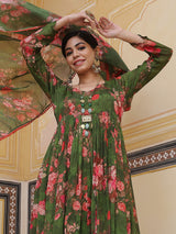 Green Floral Print Maxi Dress With Dupatta