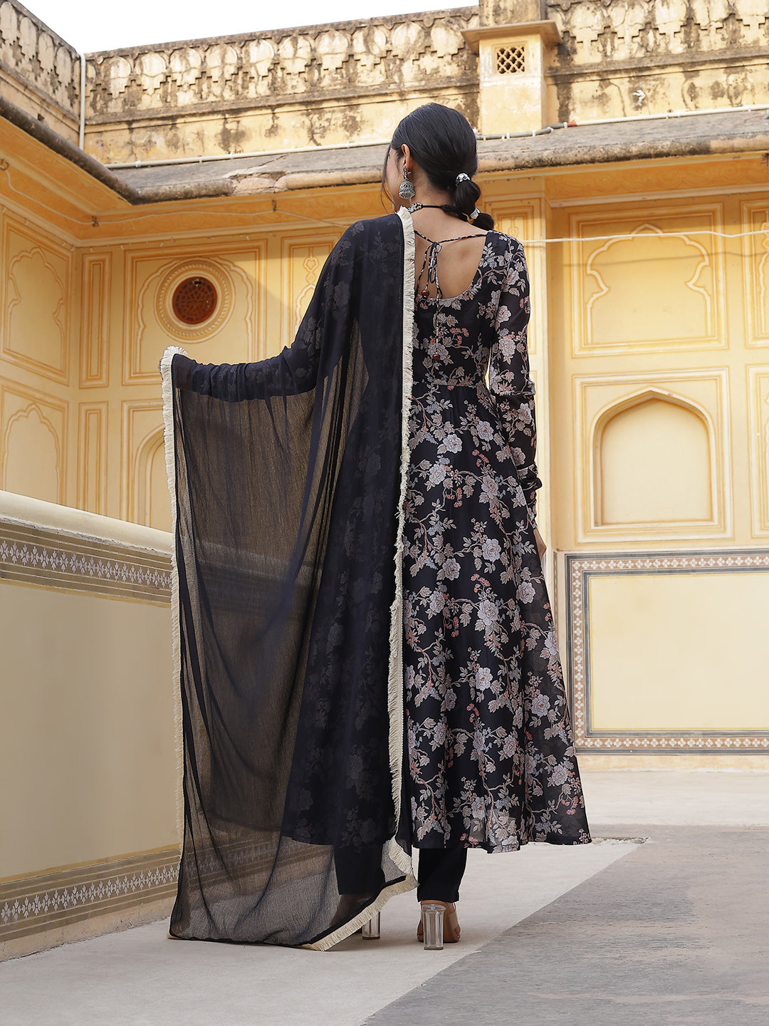 Black Floral Print Anarkali Pant With Dupatta