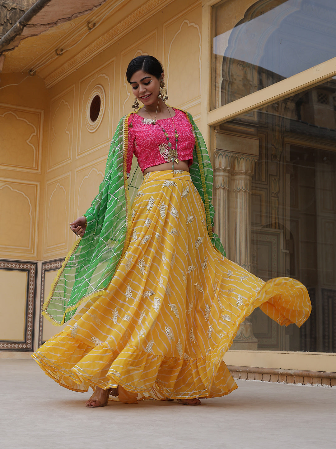 Yellow Leheriya Print Lehenga Choli With Dupatta - Elganza