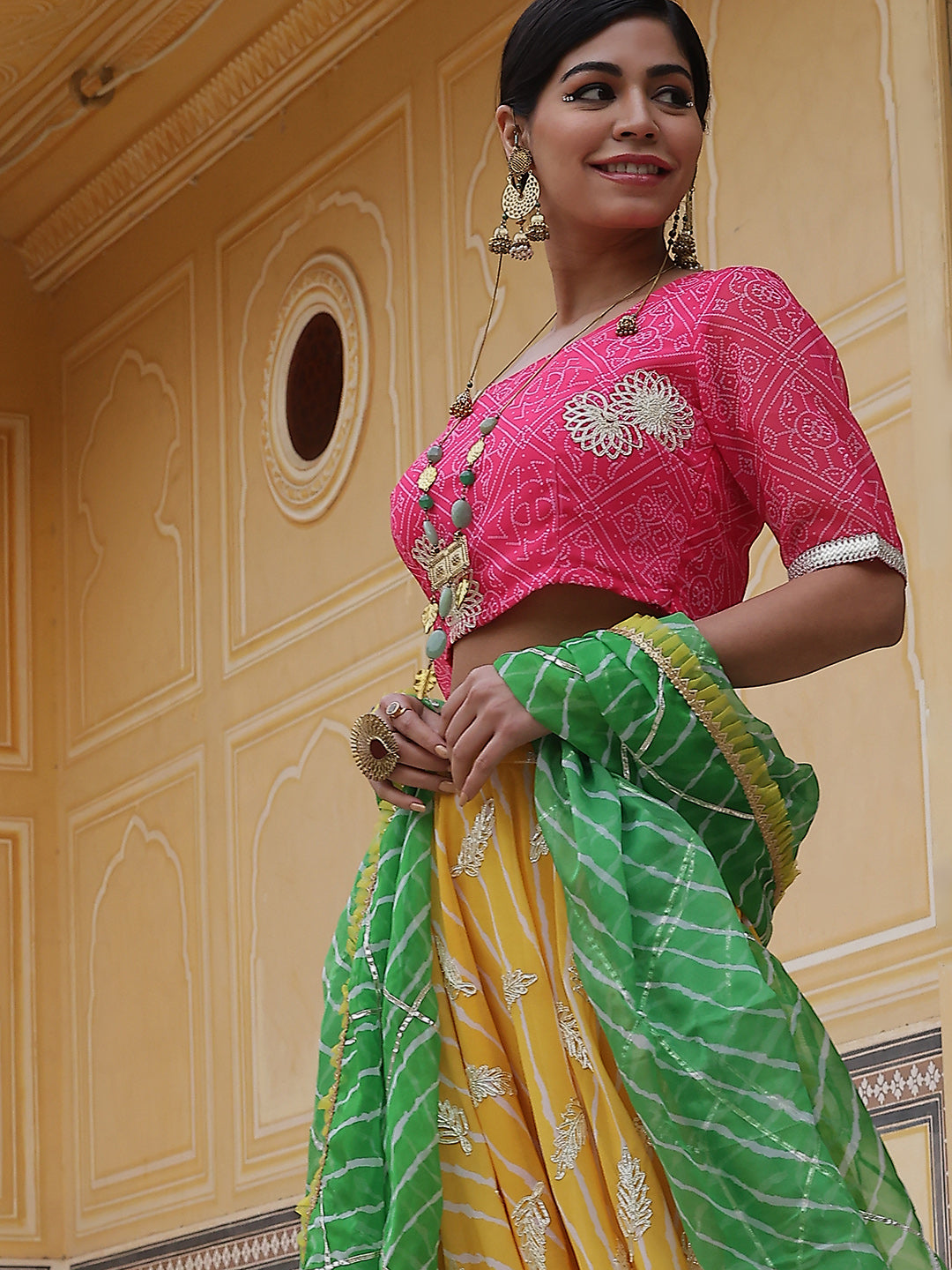 Yellow Leheriya Print Lehenga Choli With Dupatta - Elganza