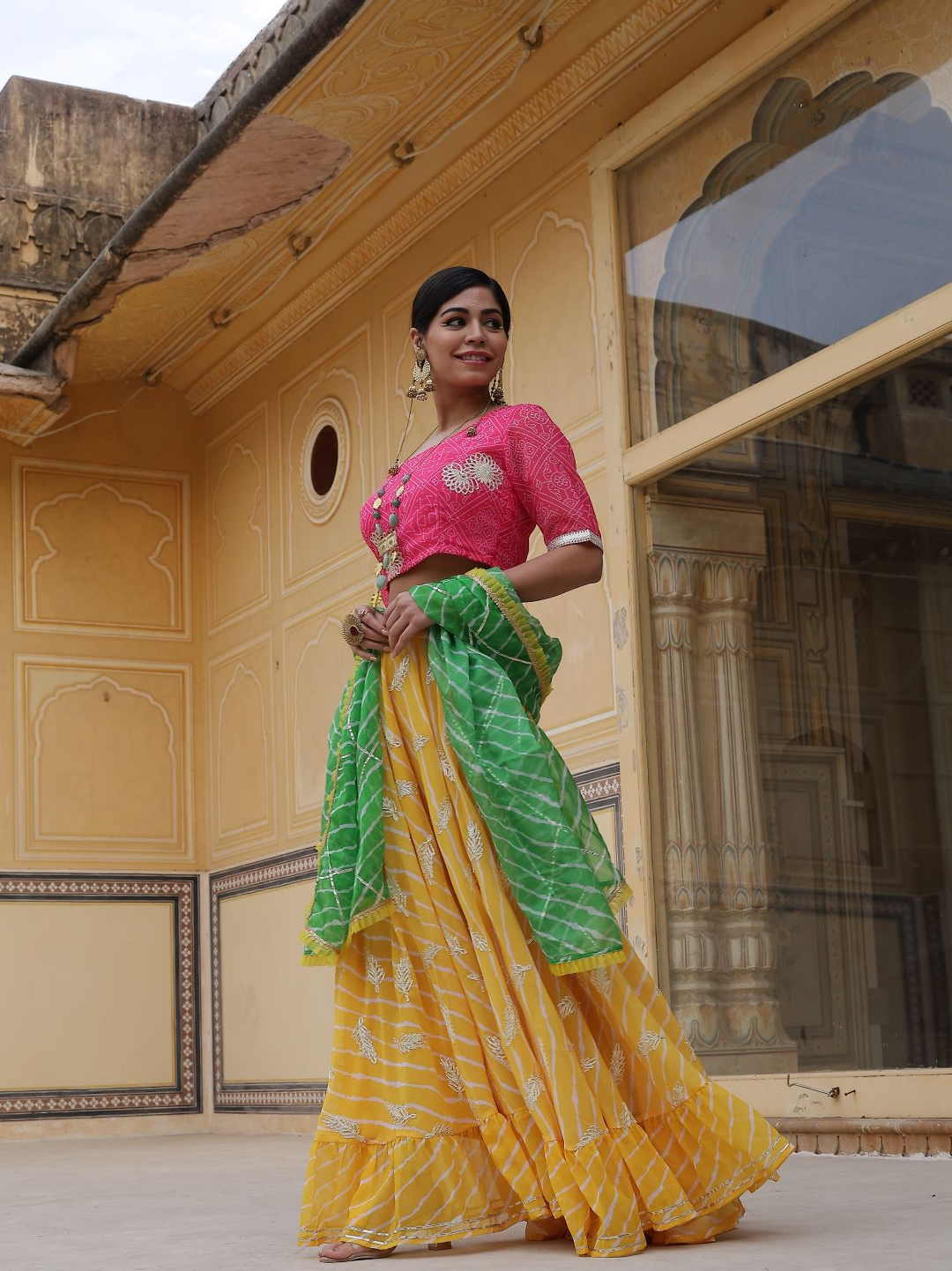 Yellow Leheriya Print Lehenga Choli With Dupatta - Elganza