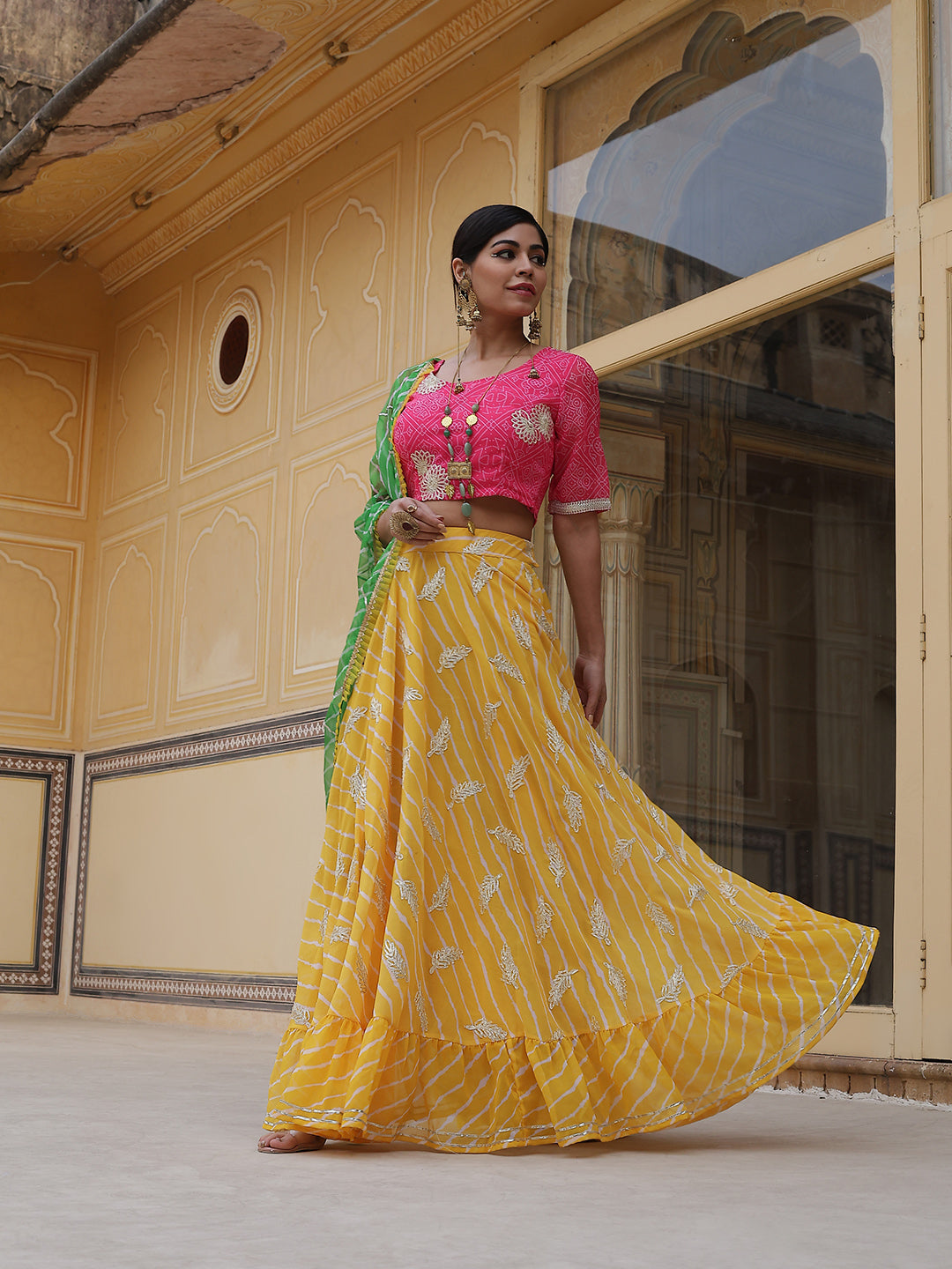 Yellow Leheriya Print Lehenga Choli With Dupatta - Elganza