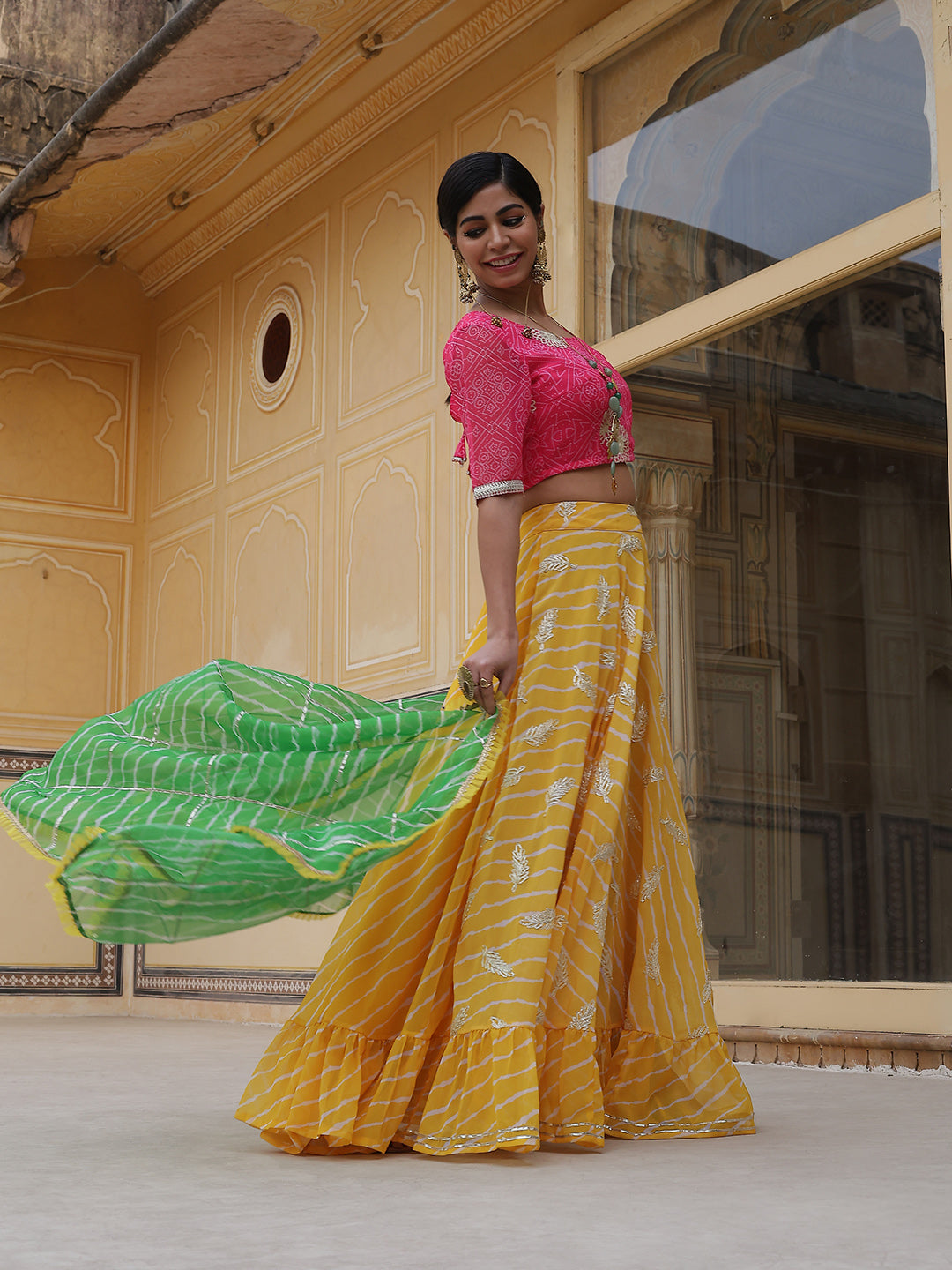 Yellow Leheriya Print Lehenga Choli With Dupatta - Elganza