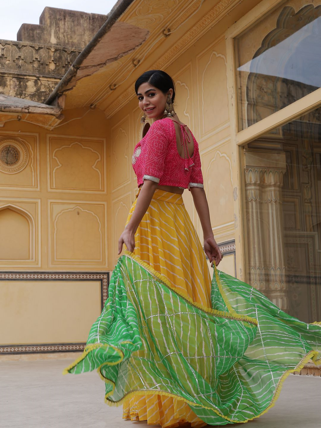 Yellow Leheriya Print Lehenga Choli With Dupatta - Elganza