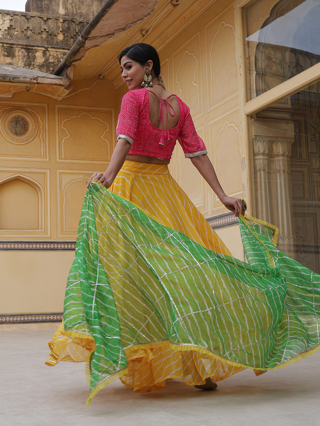 Yellow Leheriya Print Lehenga Choli With Dupatta - Elganza