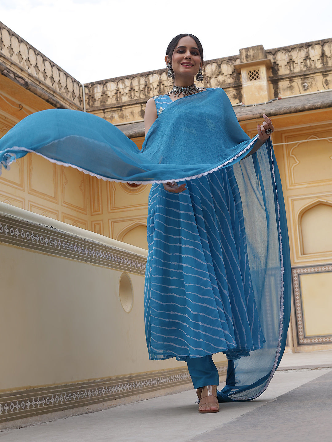 Blue Leheriya Print Anarkali Pant With Dupatta