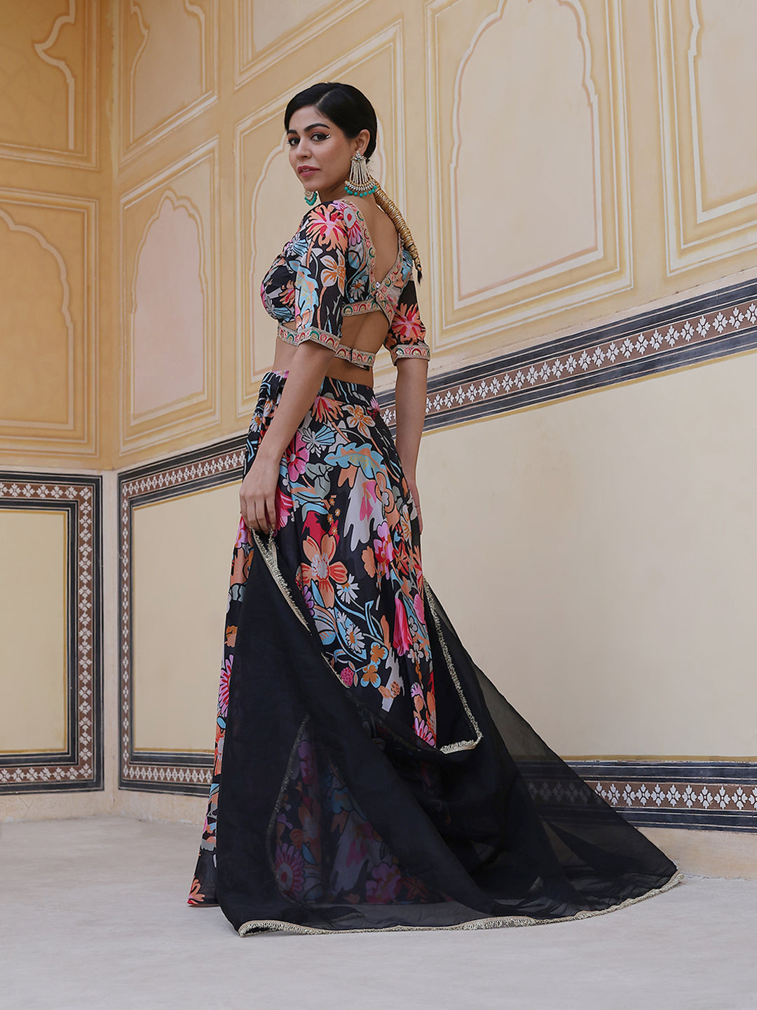 Black Floral Print Lehenga Choli With Dupatta - Elganza