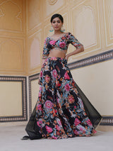 Black Floral Print Lehenga Choli With Dupatta - Elganza