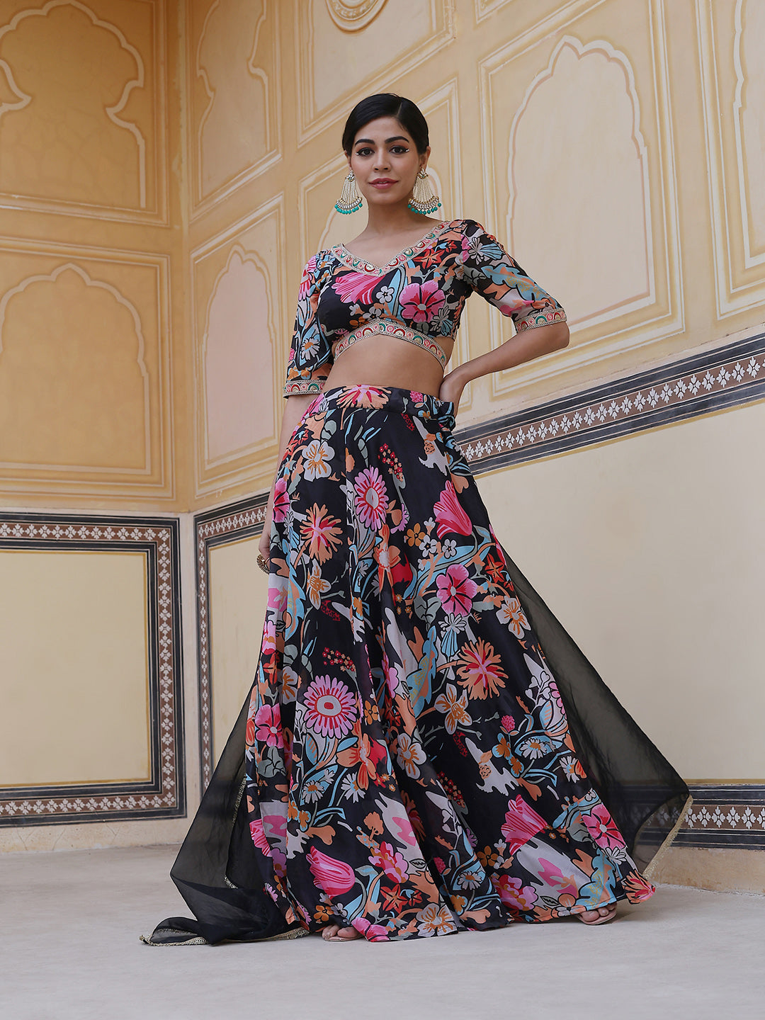 Black Floral Print Lehenga Choli With Dupatta - Elganza