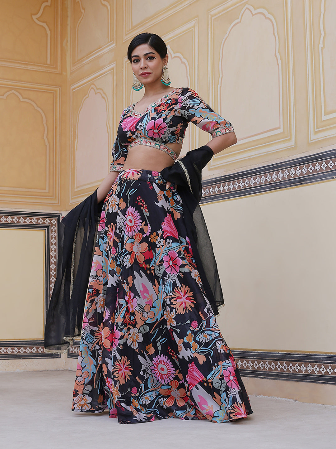 Black Floral Print Lehenga Choli With Dupatta - Elganza