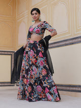 Black Floral Print Lehenga Choli With Dupatta - Elganza