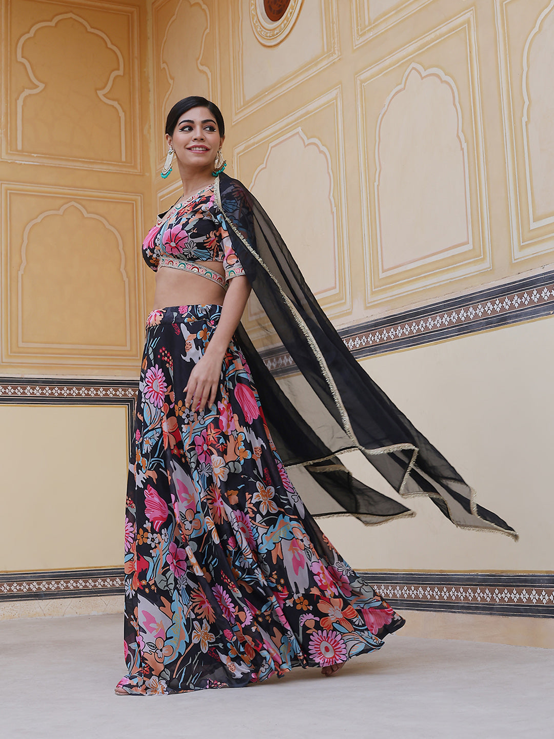 Black Floral Print Lehenga Choli With Dupatta - Elganza