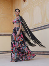 Black Floral Print Lehenga Choli With Dupatta - Elganza