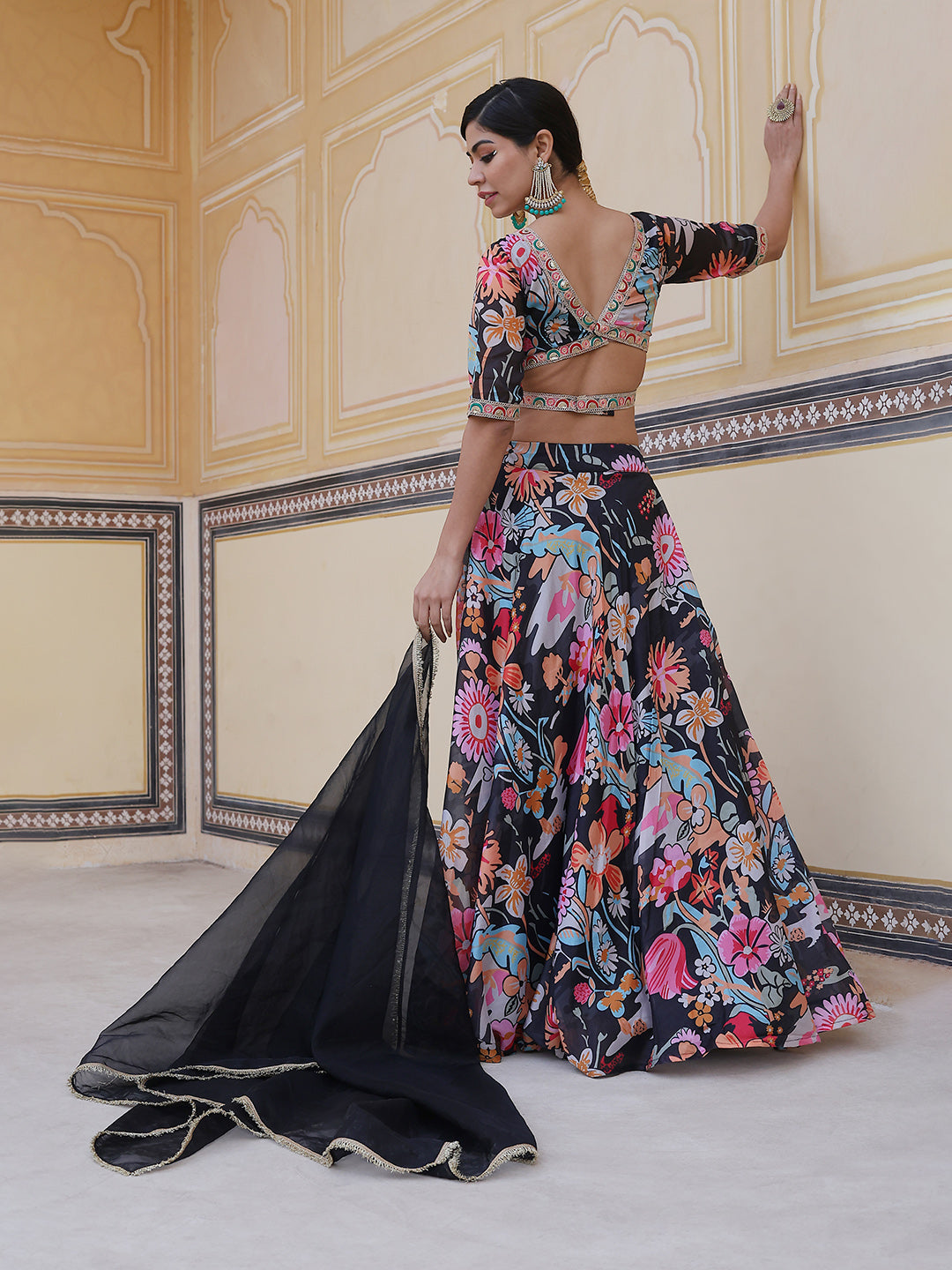 Black Floral Print Lehenga Choli With Dupatta - Elganza
