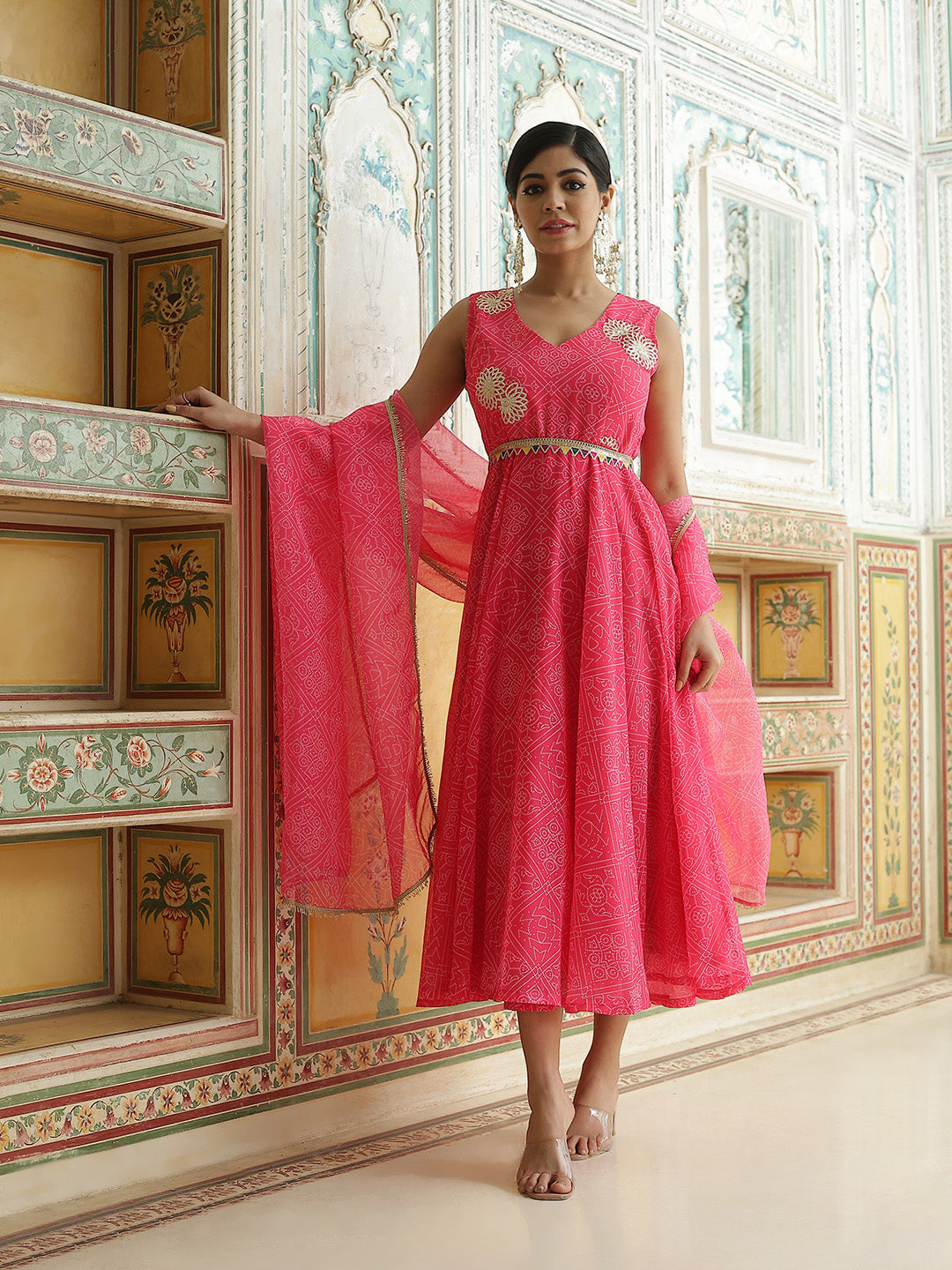 Pink Bandhani Print Anarkali Pant With Dupatta - Elganza