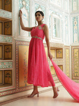 Pink Bandhani Print Anarkali Pant With Dupatta - Elganza