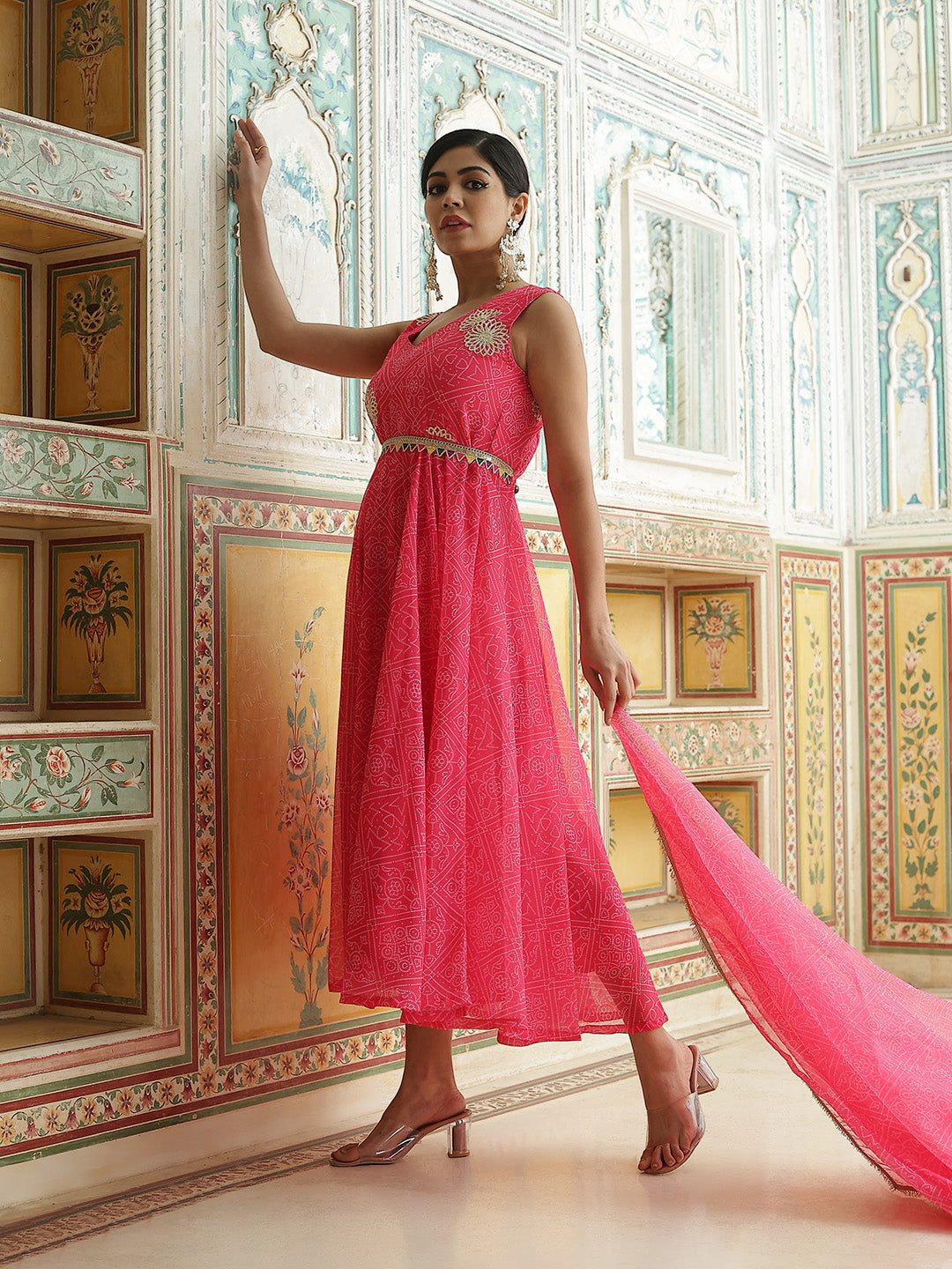 Pink Bandhani Print Anarkali Pant With Dupatta - Elganza