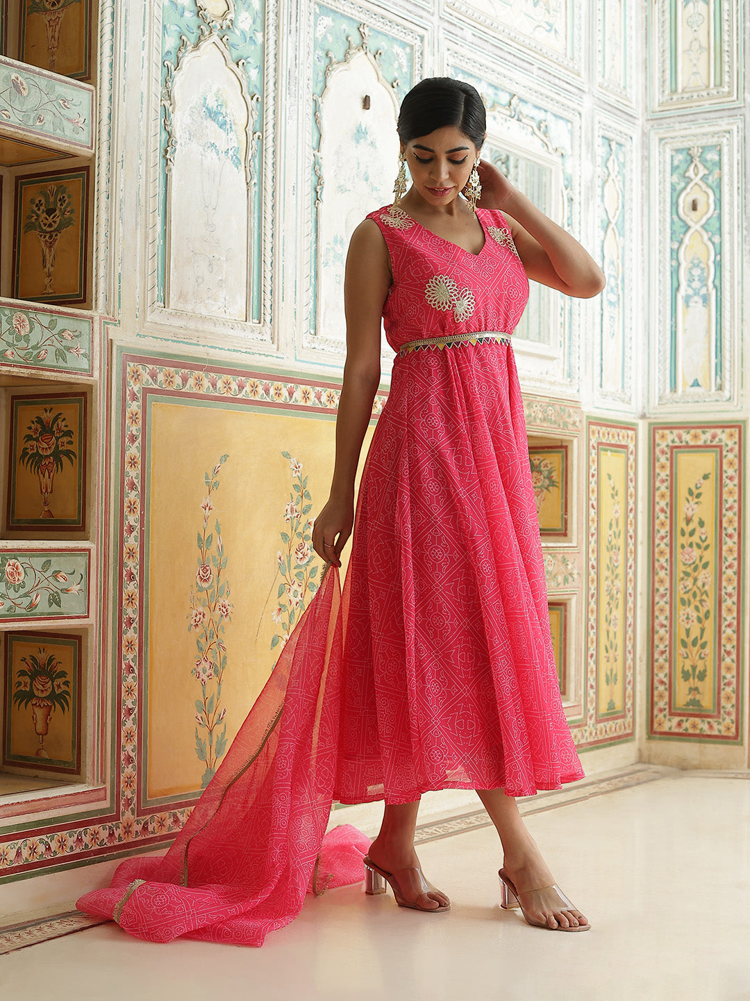 Pink Bandhani Print Anarkali Pant With Dupatta - Elganza