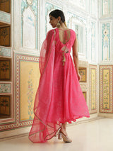 Pink Bandhani Print Anarkali Pant With Dupatta - Elganza