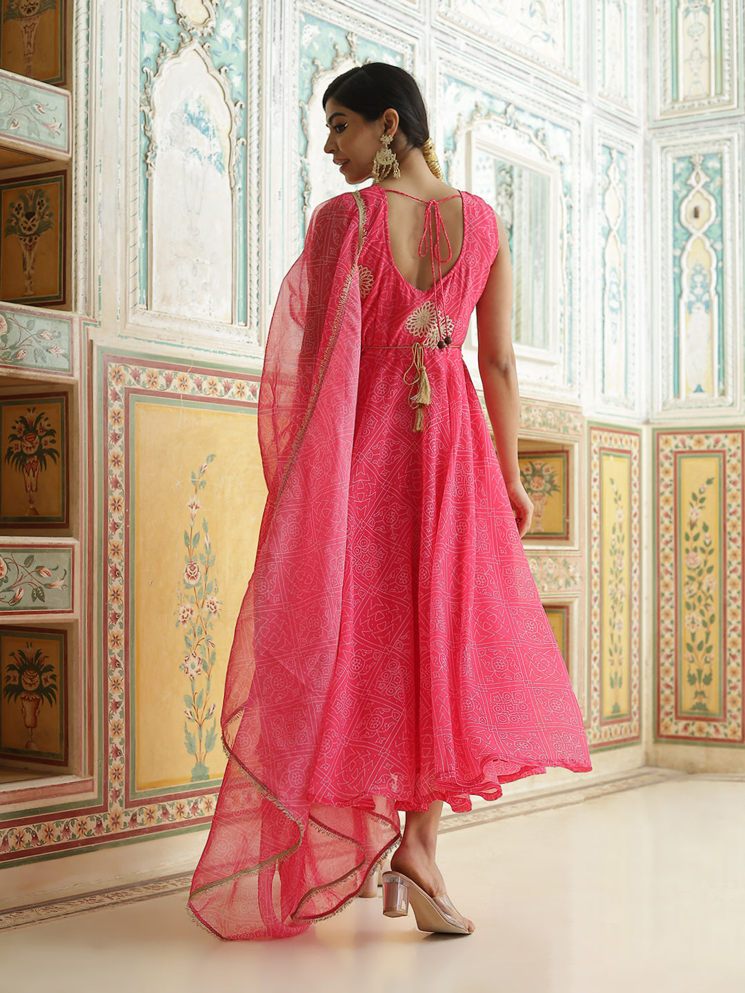 Pink Bandhani Print Anarkali Pant With Dupatta - Elganza