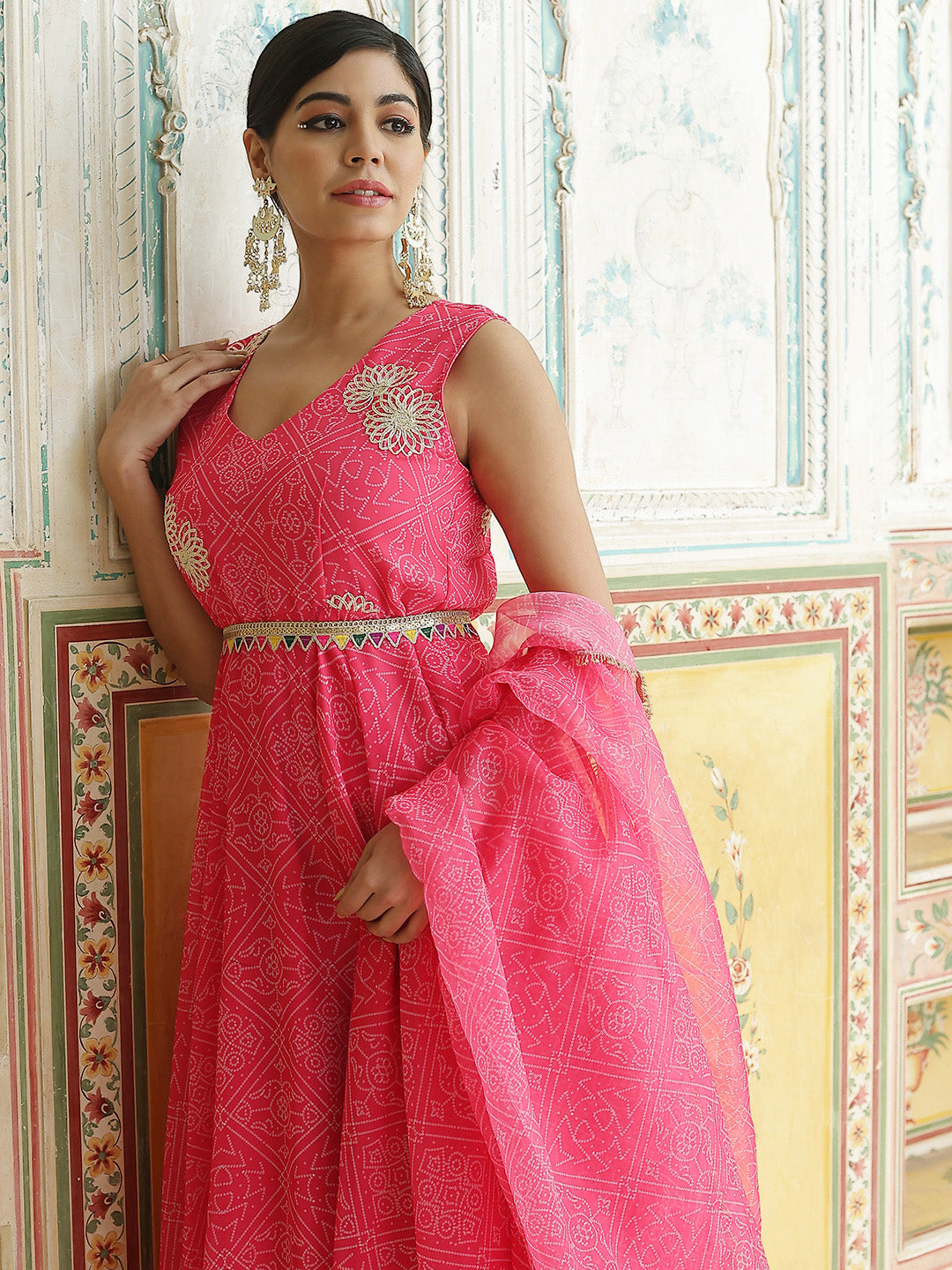 Pink Bandhani Print Anarkali Pant With Dupatta - Elganza