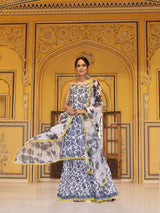 White Floral Print Kurta Sharara With Dupatta