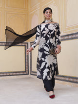 Black Floral Print Kurta Palazzo With Dupatta - Elganza