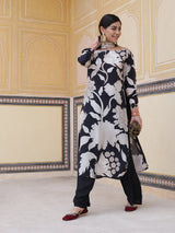 Black Floral Print Kurta Palazzo With Dupatta - Elganza