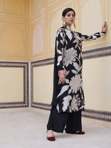 Black Floral Print Kurta Palazzo With Dupatta - Elganza