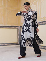Black Floral Print Kurta Palazzo With Dupatta - Elganza