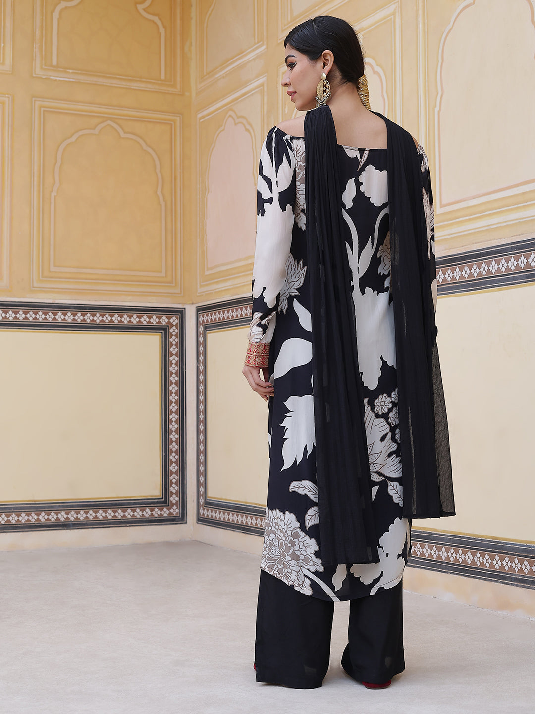 Black Floral Print Kurta Palazzo With Dupatta - Elganza