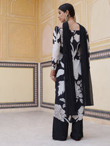 Black Floral Print Kurta Palazzo With Dupatta - Elganza
