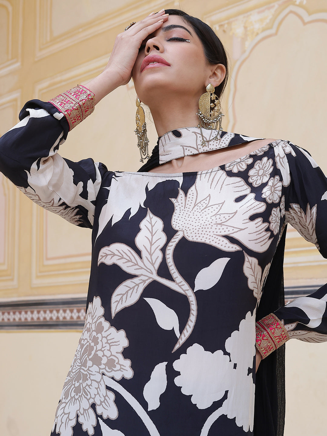 Black Floral Print Kurta Palazzo With Dupatta - Elganza