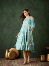 Pastel Blue Foil Print Flared Anarkali - Elganza