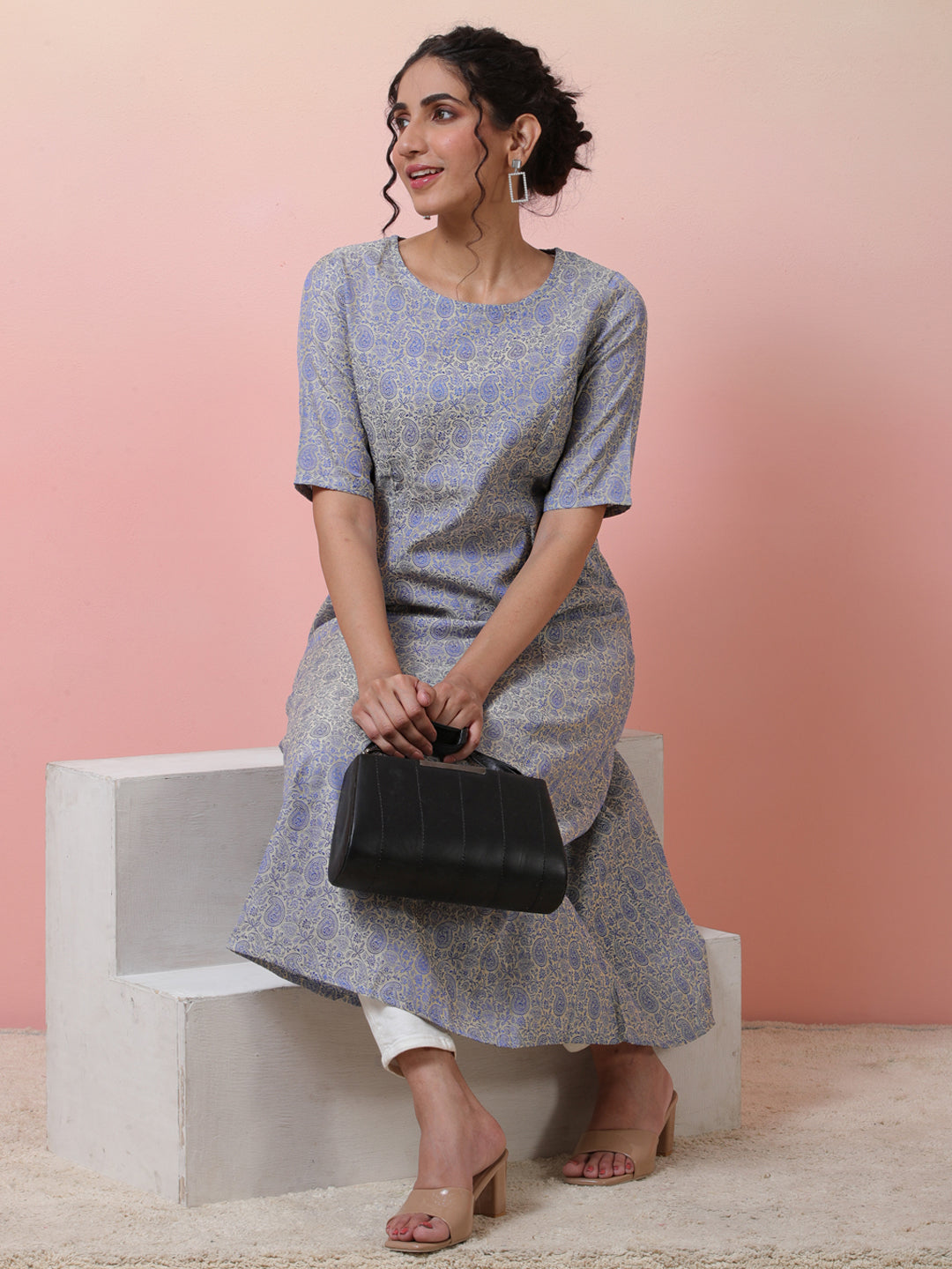 Beige Brocade A-Line Kurta - Elganza